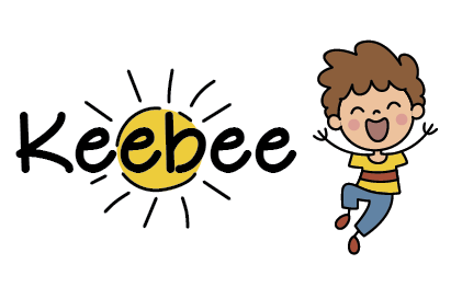 Portfolio Imaging. "Keebee" in childlike hand-lettered font over child's drawing of a sun on the left. Cartoon, happy dancing boy on right.