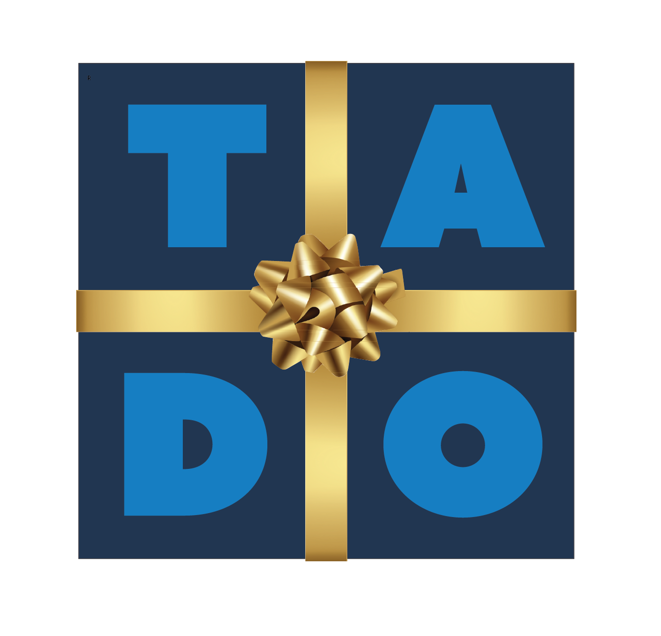 Portfolio Imaging. Logo - navy gift box tied with a gold ribbon. Large chunky blue letters spelling TADO in spaces made by ribbon.